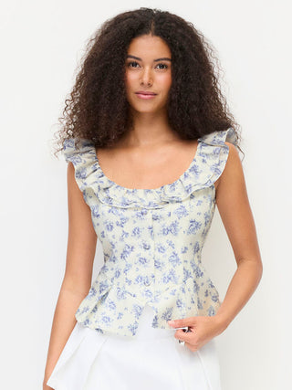 Woven Textured Cotton-blend Floral Scoop Neck Ruffled Tank Blouse For Daily Casual Date