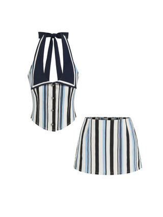 Cotton-Blend Stripe Sailor Collar Halter Top & Low Rise Shorts Set