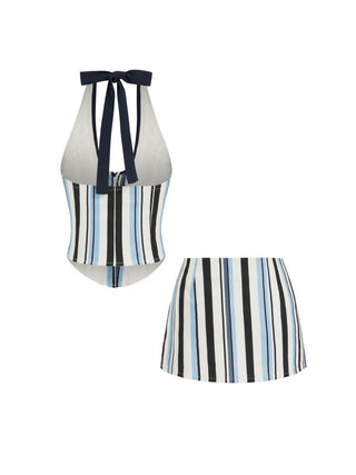 Cotton-Blend Stripe Sailor Collar Halter Top & Low Rise Shorts Set