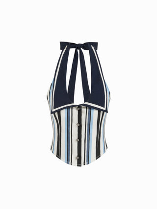 Cotton-Blend Stripe Sailor Collar Halter Top & Low Rise Shorts Set