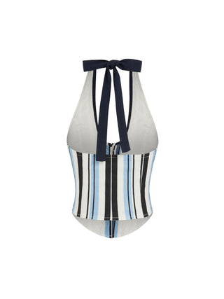 Cotton-Blend Stripe Sailor Collar Halter Top & Low Rise Shorts Set