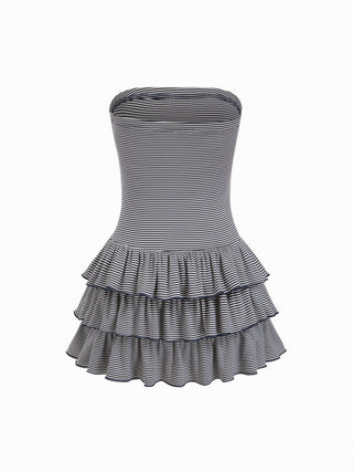 Striped Bandeau Ruffle Tiered Mini Dress