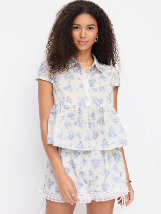 Woven Cotton-blend Floral Peplum Short Sleeve Oversized Blouse For Daily Casual Vacation
