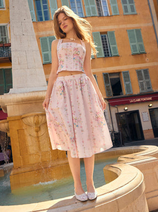 Textured Floral Square Neck Corset Top & Mid Rise Flared Midi Skirt Set