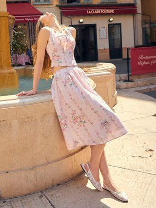 Textured Floral Square Neck Corset Top & Mid Rise Flared Midi Skirt Set