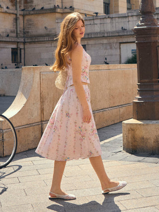 Textured Floral Square Neck Corset Top & Mid Rise Flared Midi Skirt Set