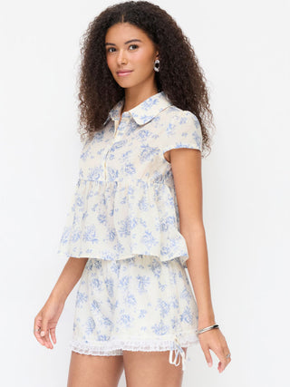 Woven Cotton-blend Floral Peplum Short Sleeve Oversized Blouse For Daily Casual Vacation