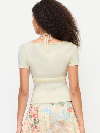 Knit Fabric Knit Floral U-neckline Short Sleeve Embroidery Bowknot Top For Daily Casual