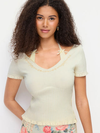 Knit Fabric Knit Floral U-neckline Short Sleeve Embroidery Bowknot Top For Daily Casual