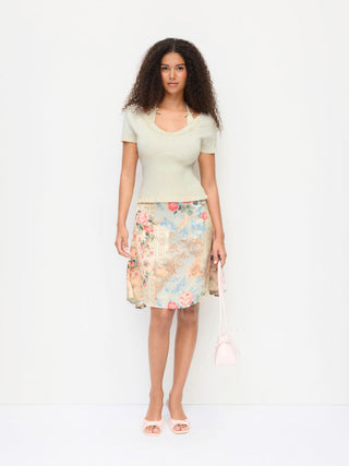 Knit Fabric Knit Floral U-neckline Short Sleeve Embroidery Bowknot Top For Daily Casual