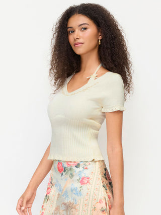 Knit Fabric Knit Floral U-neckline Short Sleeve Embroidery Bowknot Top For Daily Casual