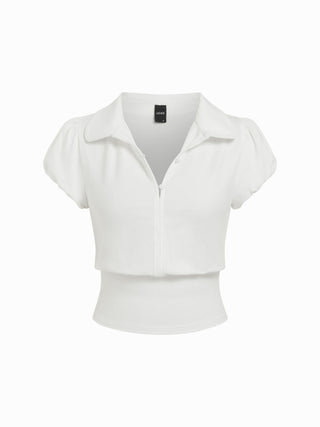 Knit Fabric Cotton-blend Polo Neck Puff Sleeve Drawstring Top For School Daily Casual