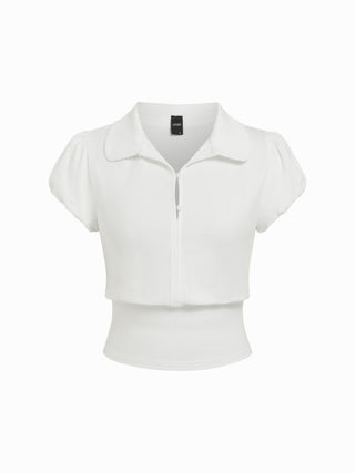 Knit Fabric Cotton-blend Polo Neck Puff Sleeve Drawstring Top For School Daily Casual