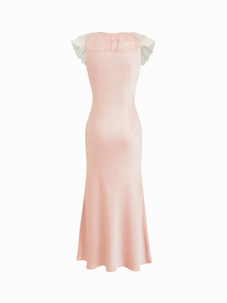 Satin Satin V-neck Ruffle Rosette Low Rise Maxi Dress For Date Wedding