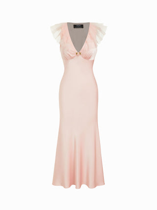Satin Satin V-neck Ruffle Rosette Low Rise Maxi Dress For Date Wedding