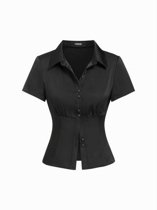 Satin Short Sleeve Ruched Corset Blouse