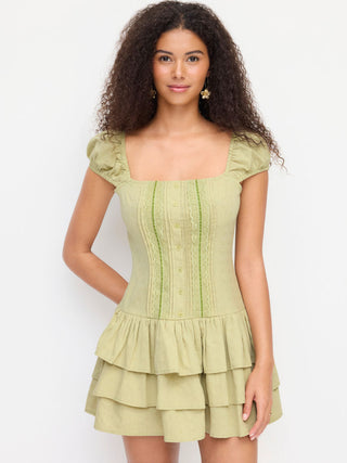 Woven Cotton-blend Square Neck Lantern Sleeve Lace Panel Tiered Mini Dress For Daily Casual Picnic