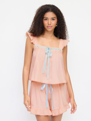 Woven Cotton Square Neck Bowknot Tank & High Rise Shorts Loungewear Set For Home Bedroom