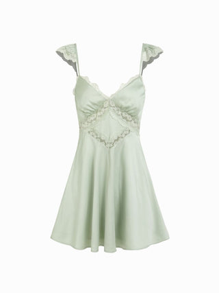 Satin Sweetheart Lace Panel Ruffle High Rise A-line Mini Dress