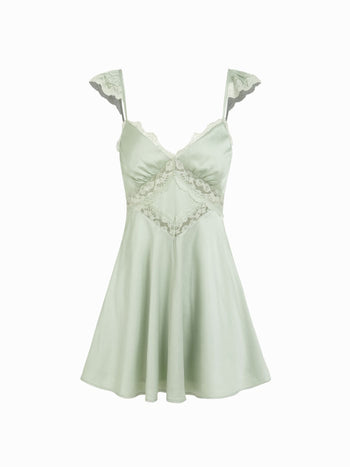 Satin Sweetheart Lace Panel Ruffle High Rise A-line Mini Dress