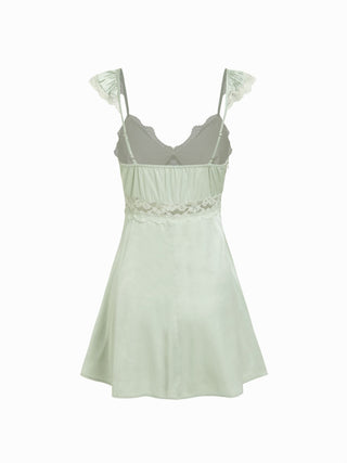 Satin Sweetheart Lace Panel Ruffle High Rise A-line Mini Dress