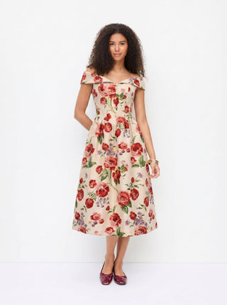 Jacquard Jacquard Floral Sweetheart Off-shoulder Flared Midi Dress For Date Wedding