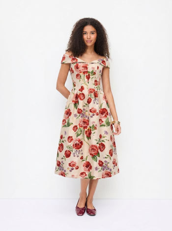 Jacquard Jacquard Floral Sweetheart Off-shoulder Flared Midi Dress For Date Wedding