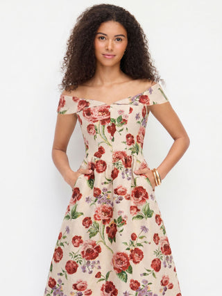 Jacquard Jacquard Floral Sweetheart Off-shoulder Flared Midi Dress For Date Wedding