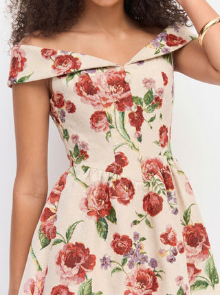 Jacquard Jacquard Floral Sweetheart Off-shoulder Flared Midi Dress For Date Wedding