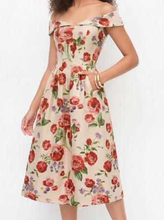 Jacquard Jacquard Floral Sweetheart Off-shoulder Flared Midi Dress For Date Wedding