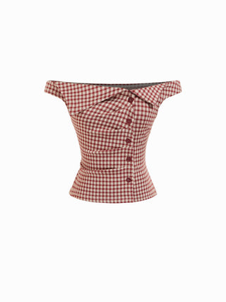 Jacquard Gingham Off-shoulder Asymmetrical Ruched Blouse