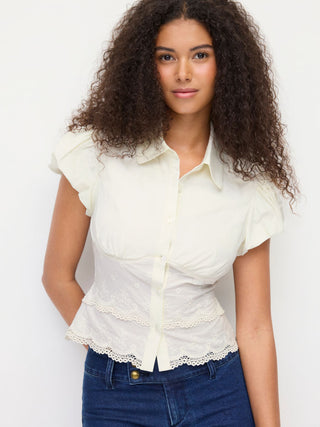Cotton-blend Broderie Anglaise Puff Sleeve Scalloped Lace Trim Blouse