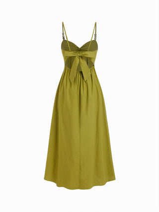 Linen-blend Sweetheart Twist Knotted Flared Maxi Dress