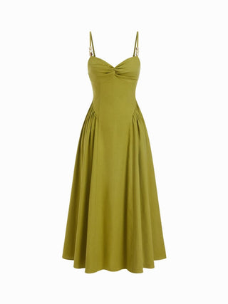 Linen-blend Sweetheart Twist Knotted Flared Maxi Dress