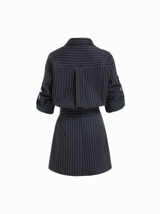 Striped Middle Sleeve Pleated Metal Detail Shirt Mini Dress