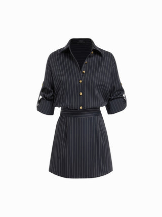 Striped Middle Sleeve Pleated Metal Detail Shirt Mini Dress