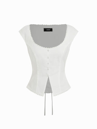 Linen-blend Scoop Neck Lace Trim Short Sleeve Blouse