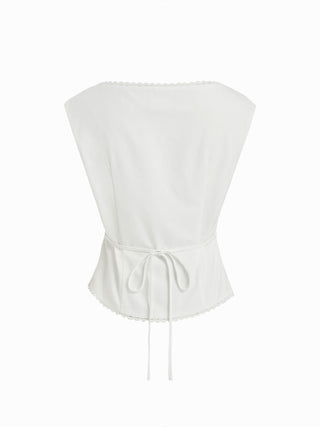 Linen-blend Scoop Neck Lace Trim Short Sleeve Blouse