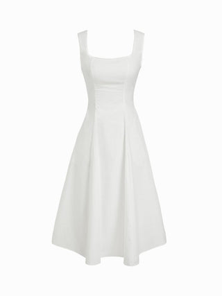 Cotton Square Neck Shirred Pocket A-line Midi Dress