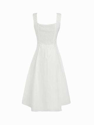 Cotton Square Neck Shirred Pocket A-line Midi Dress