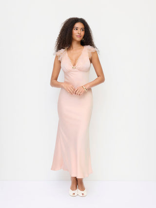 Satin Satin V-neck Ruffle Rosette Low Rise Maxi Dress For Date Wedding