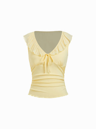 Jersey V-neck Ruffled Bowknot Ruched Tank Top For Daily Casual Date