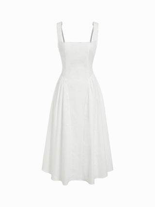 Cotton-blend Square Neck Lace Trim Bowknot Flared Maxi Cami Dress