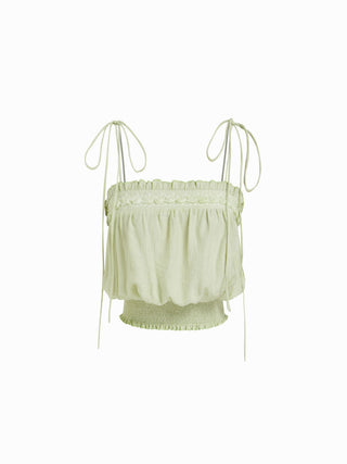 Woven Textured Square Neckline Applique Shirred Ruffle Cami Blouse For Daily Casual Vacation