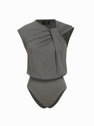 Cotton-blend Asymmetrical Neck Twist Knotted Bodysuit