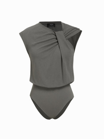 Cotton-blend Asymmetrical Neck Twist Knotted Bodysuit