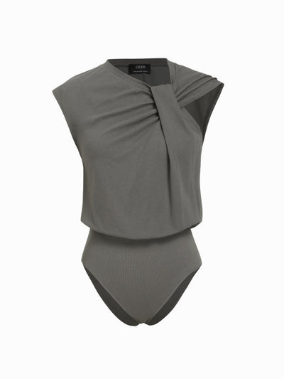 Cotton-blend Asymmetrical Neck Twist Knotted Bodysuit