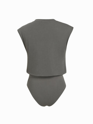 Cotton-blend Asymmetrical Neck Twist Knotted Bodysuit