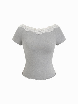Knit Fabric Cotton-blend Boat Neck Lace Lettuce Trim Short Sleeve Top For School Daily Casual
