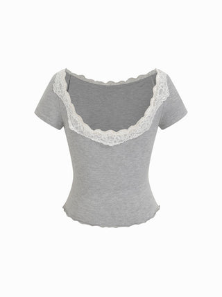 Knit Fabric Cotton-blend Boat Neck Lace Lettuce Trim Short Sleeve Top For School Daily Casual